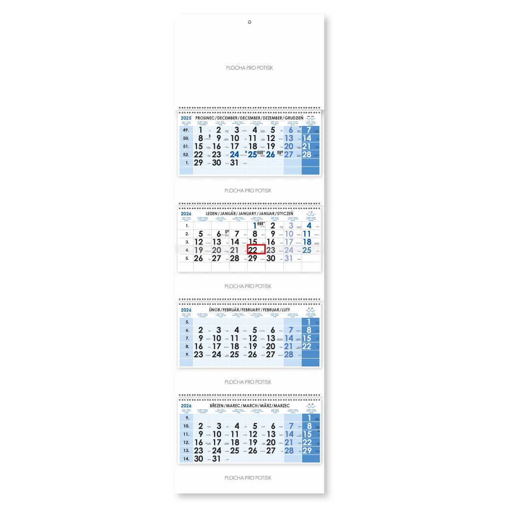 Fourmonths Wall Calendar Kvatro stacked Czech with spiral 2026 - blue