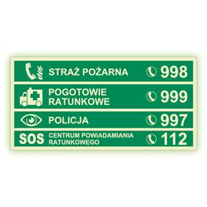 Numery alarmowe - fotoluminescencyjny znak, naklejka 200x100 mm