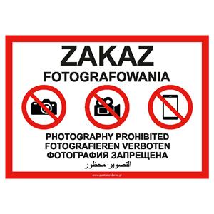 Zakaz fotografowania - znak BHP z dziurkami, płyta PVC A4, 2 mm